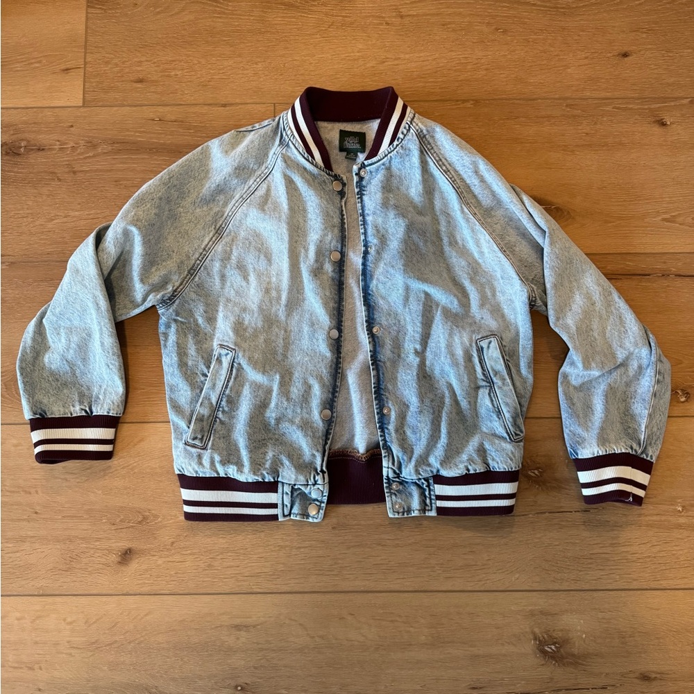 Wild Fable Denim Bomber Jacket with Burgundy Accents